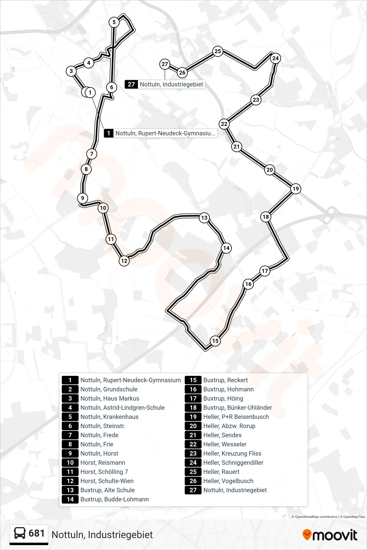 Linie 681 (Bus) Richtung Nottuln, Industriegebiet: Route und Haltestellen auf der Karte