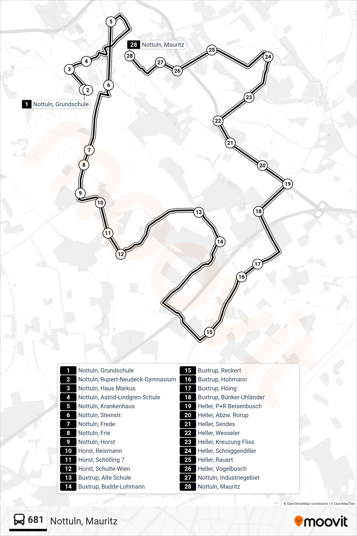 Linie 681 (Bus) Richtung Nottuln, Mauritz: Route und Haltestellen auf der Karte
