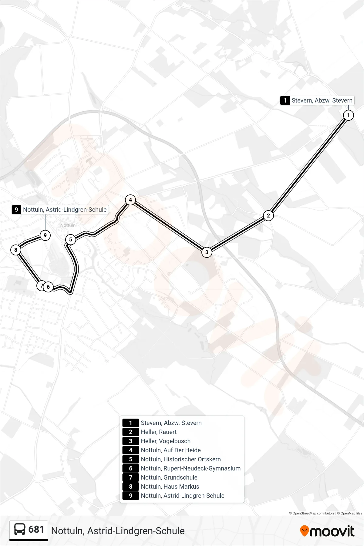 681 bus Line (Nottuln, Astrid-Lindgren-Schule) route and stops on a map