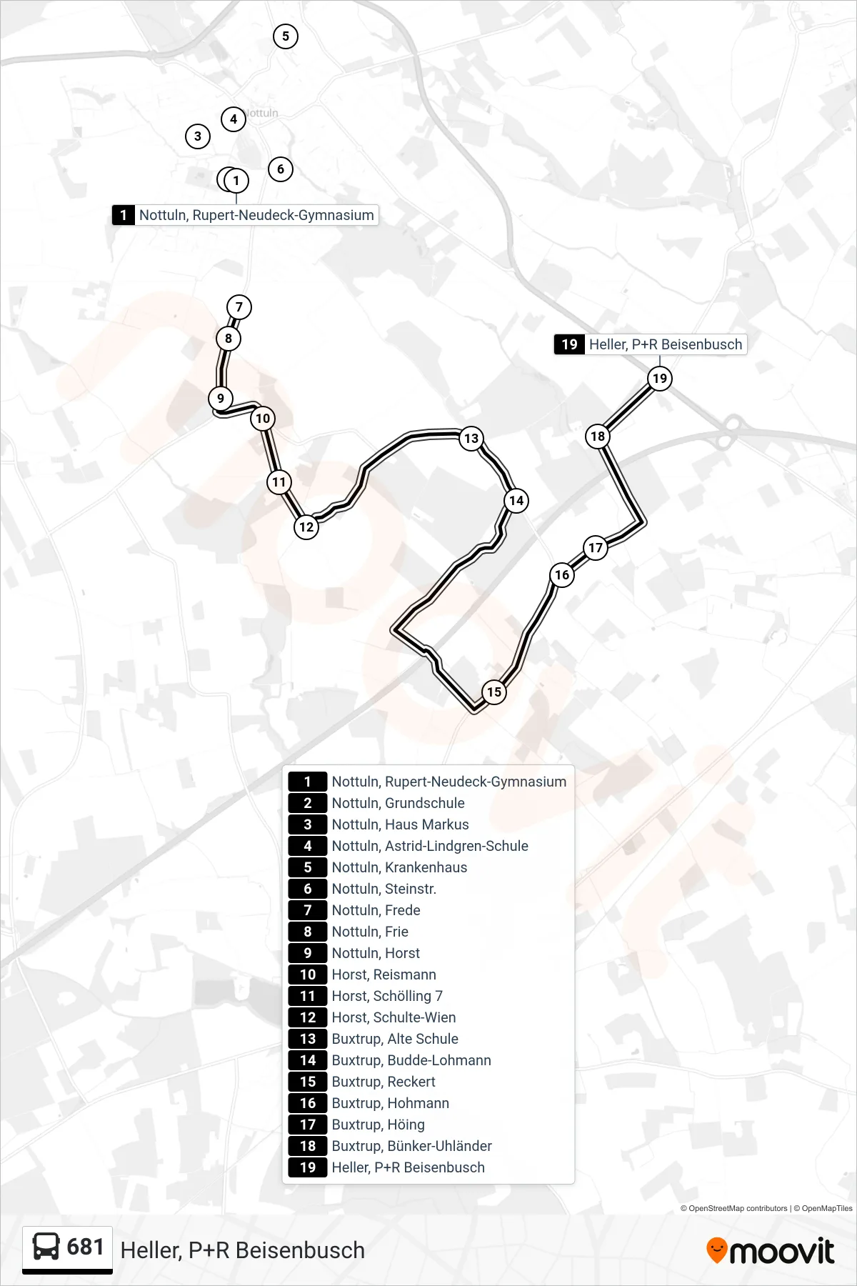681 bus Line (Heller, P+R Beisenbusch) route and stops on a map
