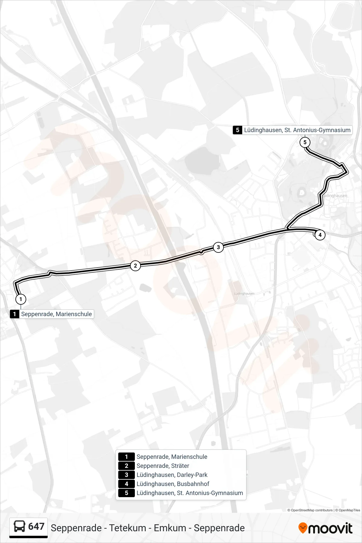 Linie 647 (Bus) Richtung Lüdinghausen, St. Antonius-Gymnasium: Route und Haltestellen auf der Karte