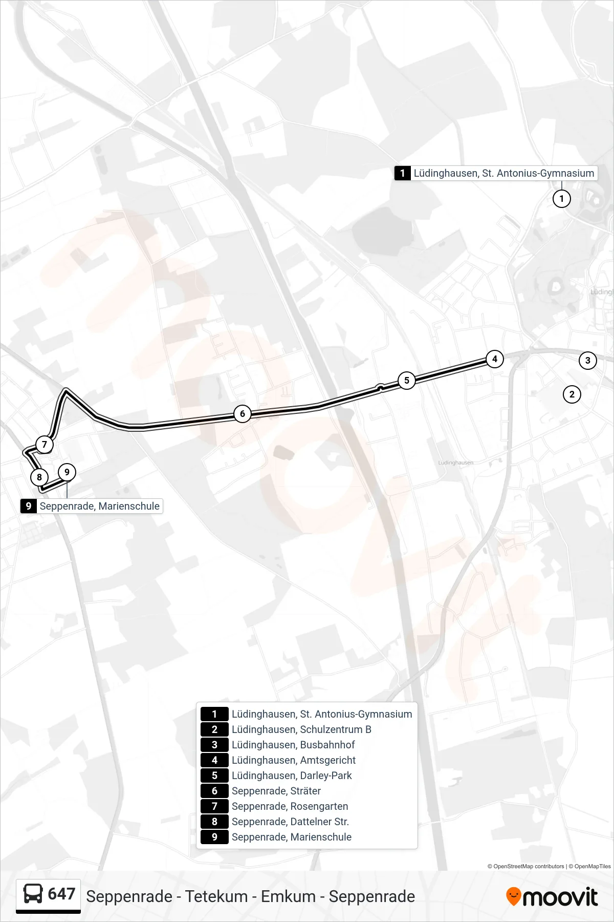 647 bus Line (Seppenrade, Marienschule) route and stops on a map