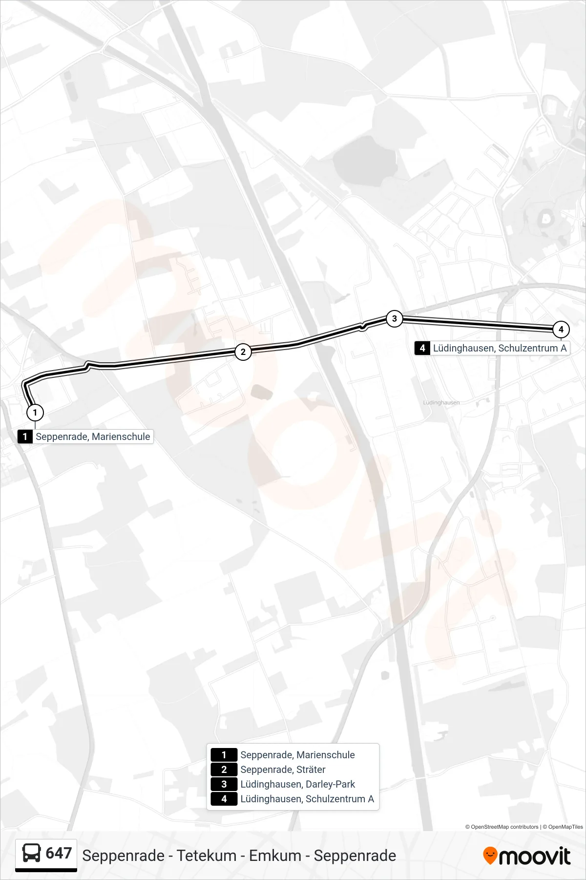 647 bus Line (Lüdinghausen, Schulzentrum A) route and stops on a map