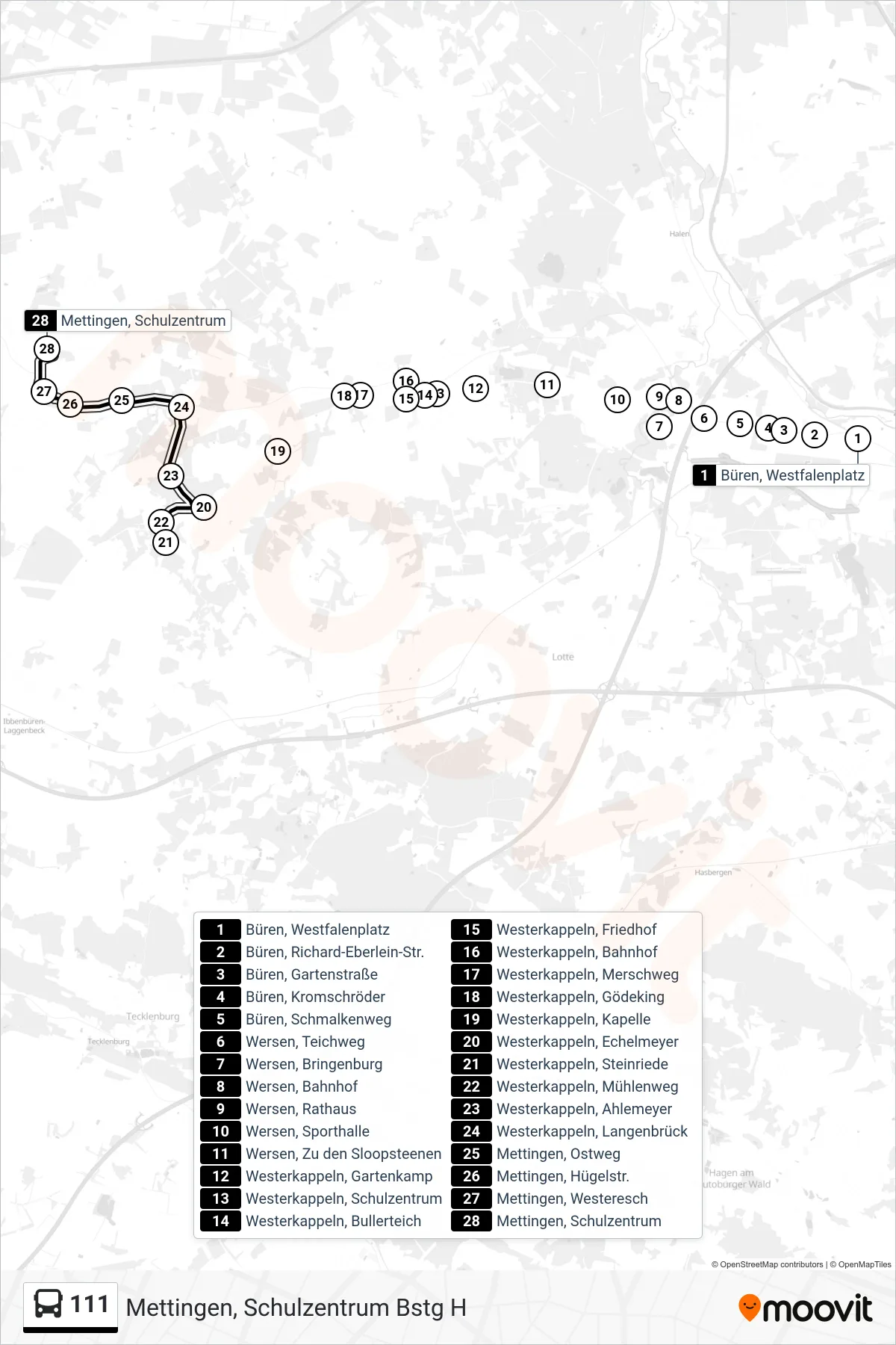 111 bus Line (Mettingen, Schulzentrum Bstg H) route and stops on a map