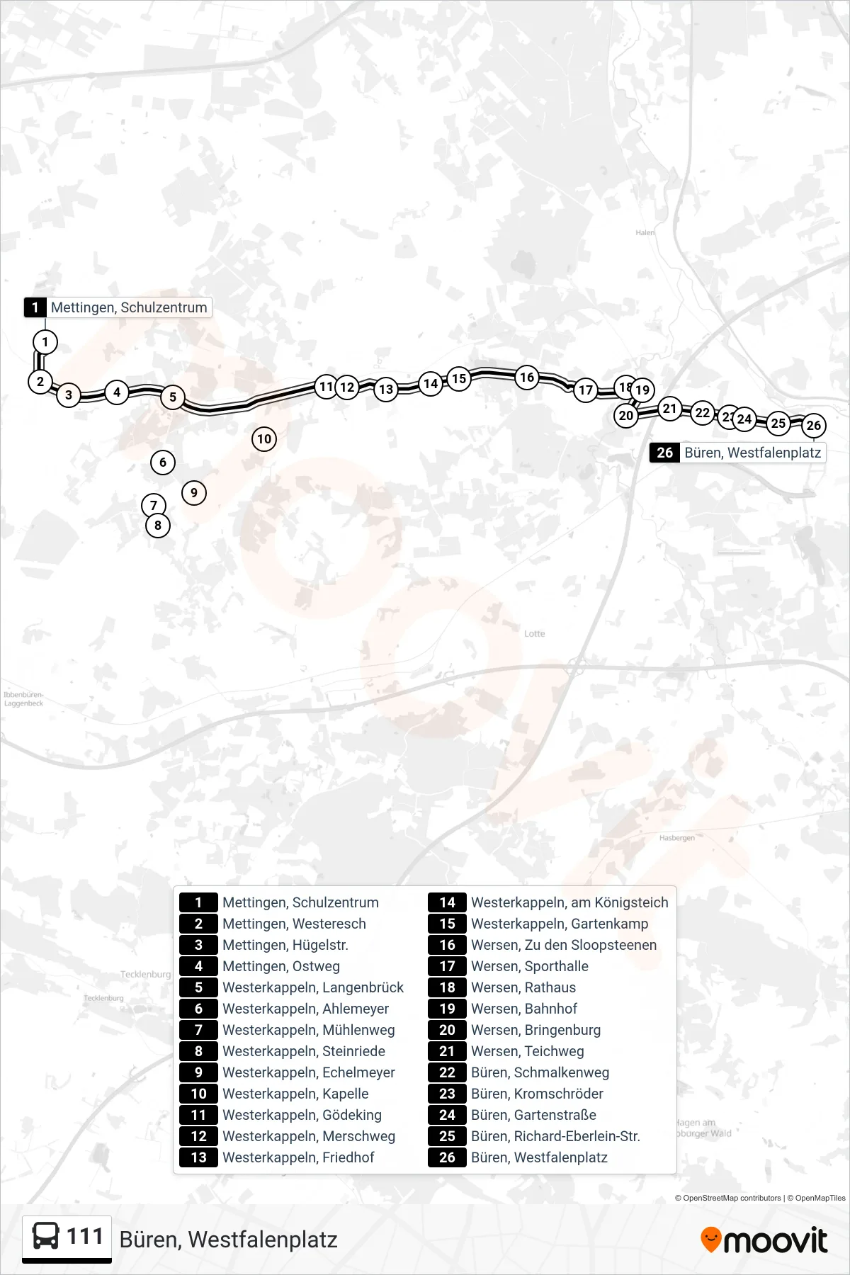 111 bus Line (Büren, Westfalenplatz) route and stops on a map