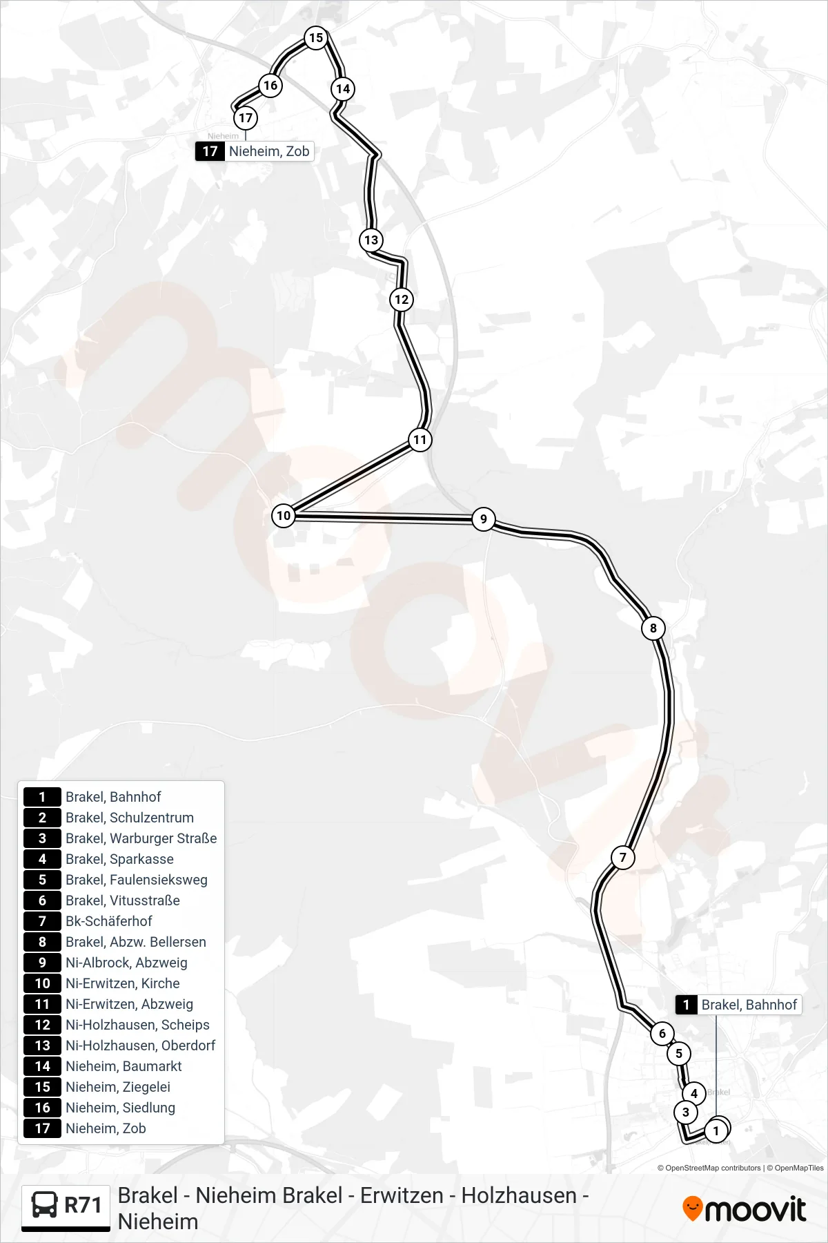 R71 bus Line (Nieheim, Zob) route and stops on a map