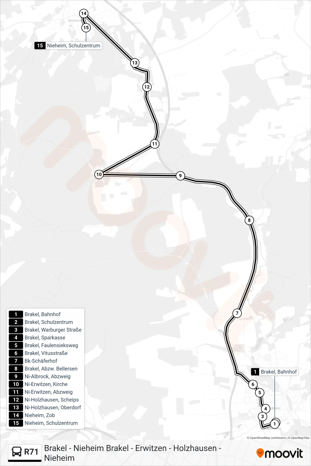 R71 bus Line (Nieheim, Schulzentrum) route and stops on a map