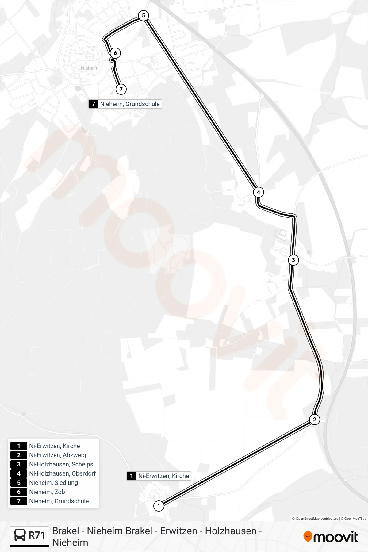 R71 bus Line (Nieheim, Grundschule) route and stops on a map