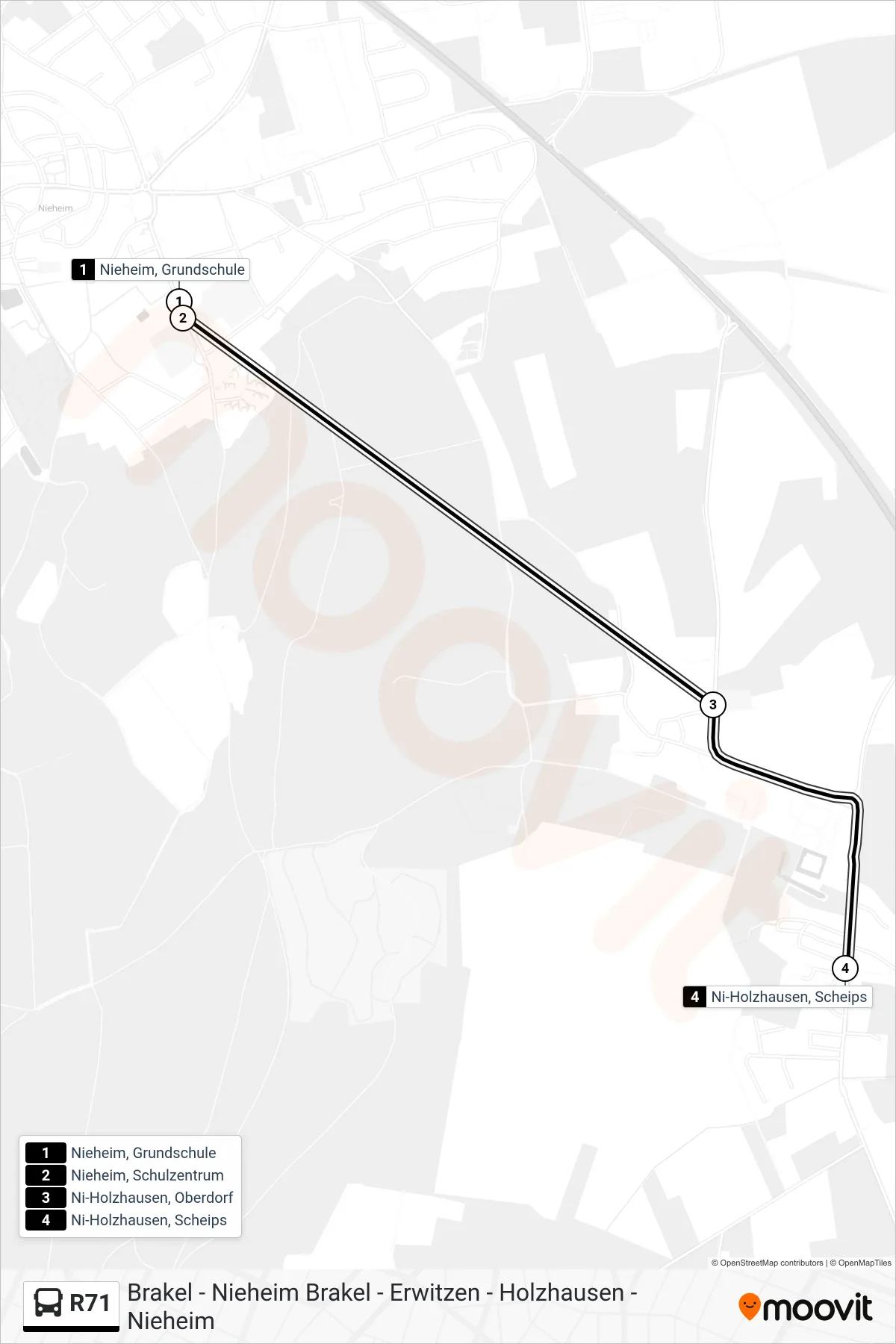Linie R71 (Bus) Richtung Ni-Holzhausen, Scheips: Route und Haltestellen auf der Karte