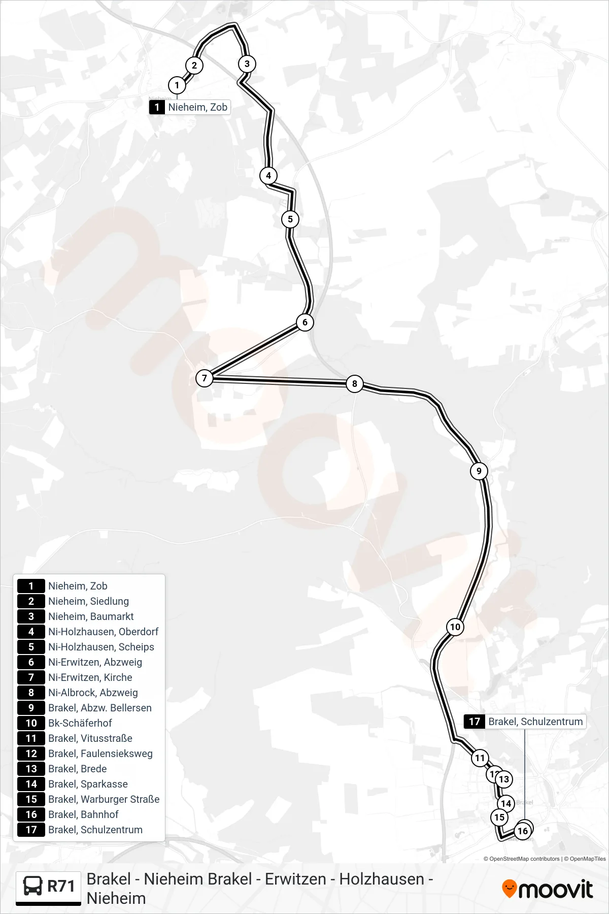 R71 bus Line (Brakel, Schulzentrum) route and stops on a map