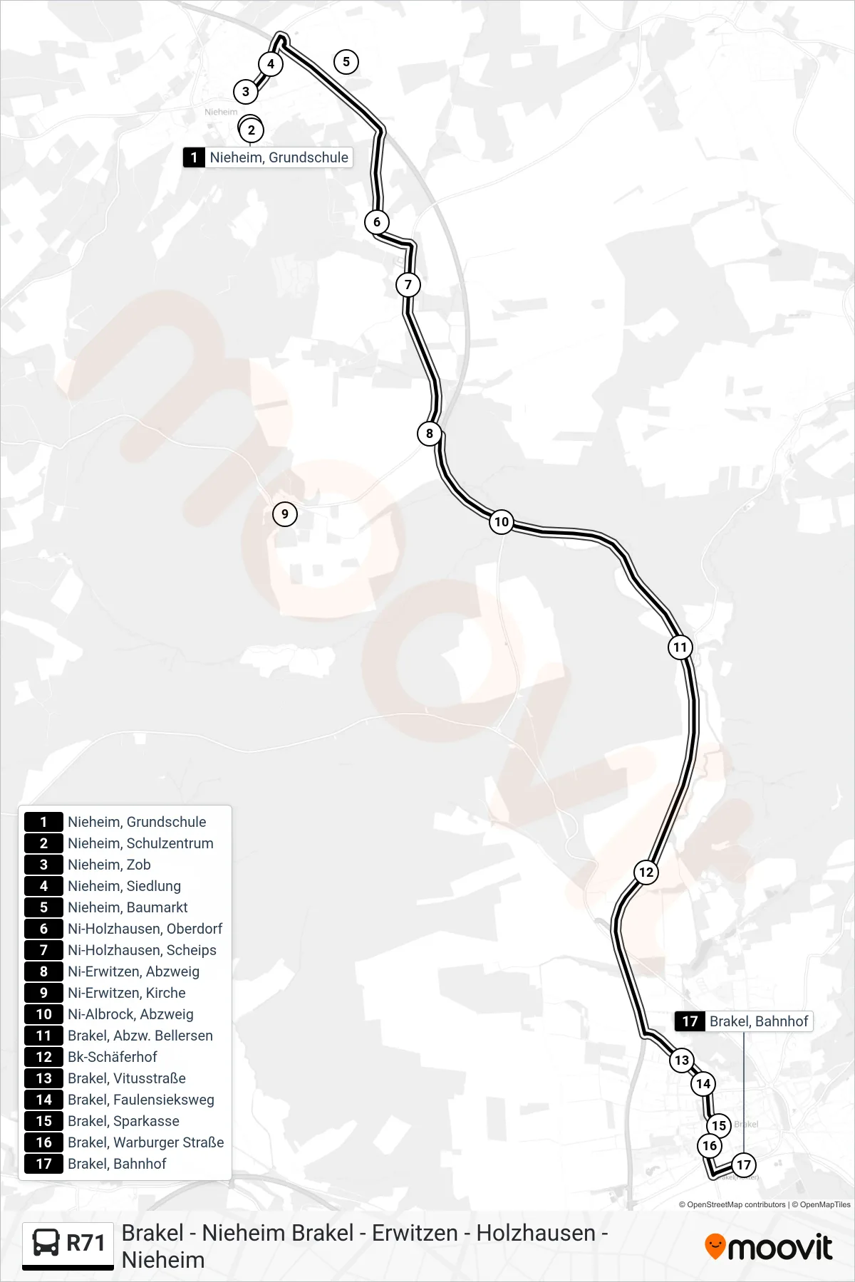 R71 bus Line (Brakel, Bahnhof) route and stops on a map