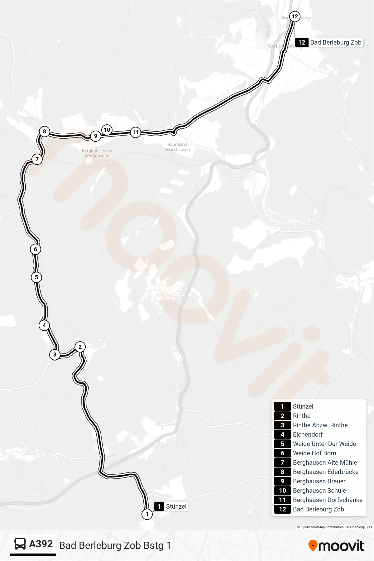 A392 bus Line (Bad Berleburg Zob Bstg 1) route and stops on a map