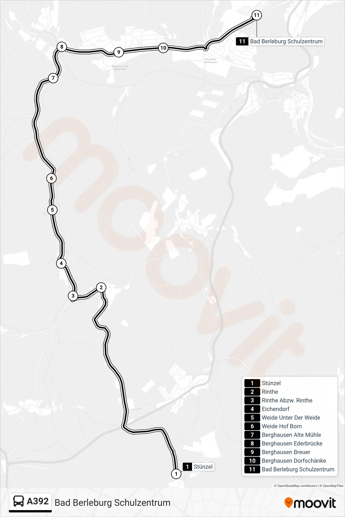 A392 bus Line (Bad Berleburg Schulzentrum) route and stops on a map