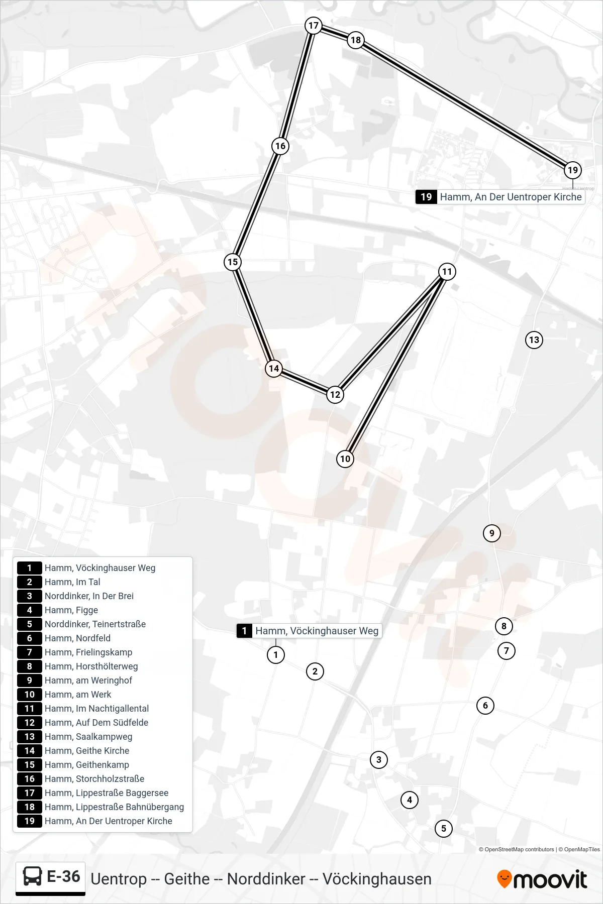 E-36 bus Line (Hamm, An Der Uentroper Kirche) route and stops on a map