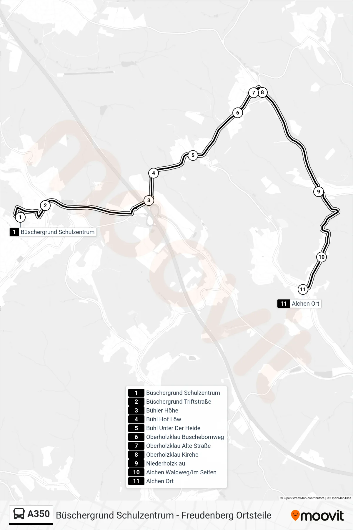 A350 bus Line (Alchen Ort) route and stops on a map