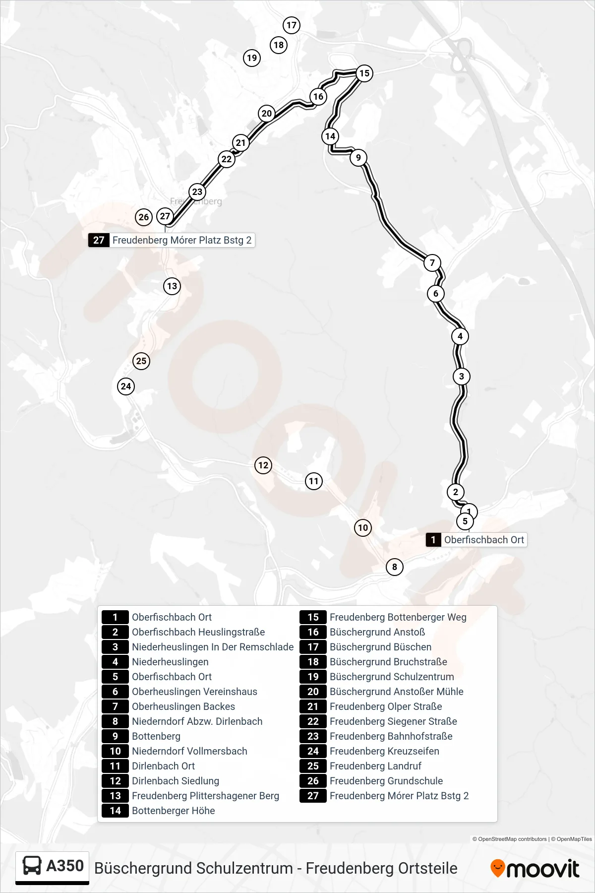 A350 bus Line (Freudenberg Mórer Platz Bstg 2) route and stops on a map