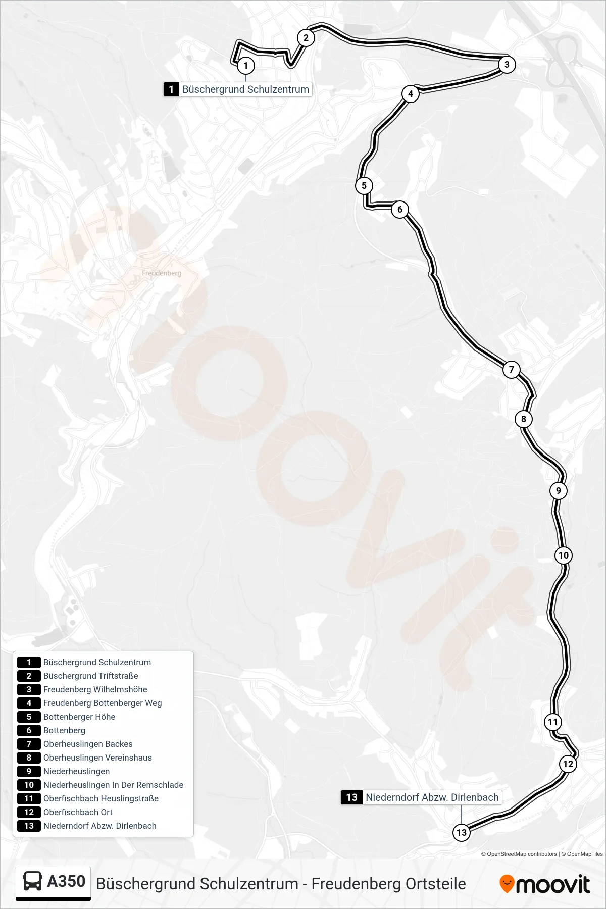 A350 bus Line (Niederndorf Abzw. Dirlenbach) route and stops on a map
