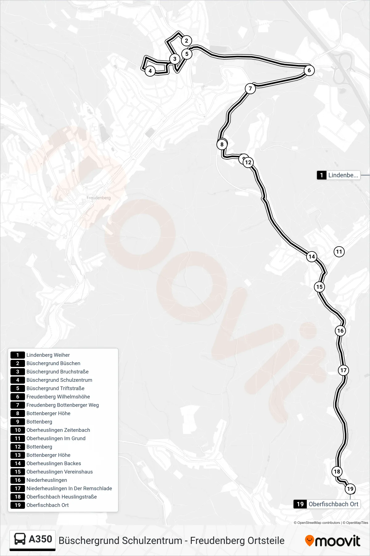 A350 bus Line (Oberfischbach Ort) route and stops on a map