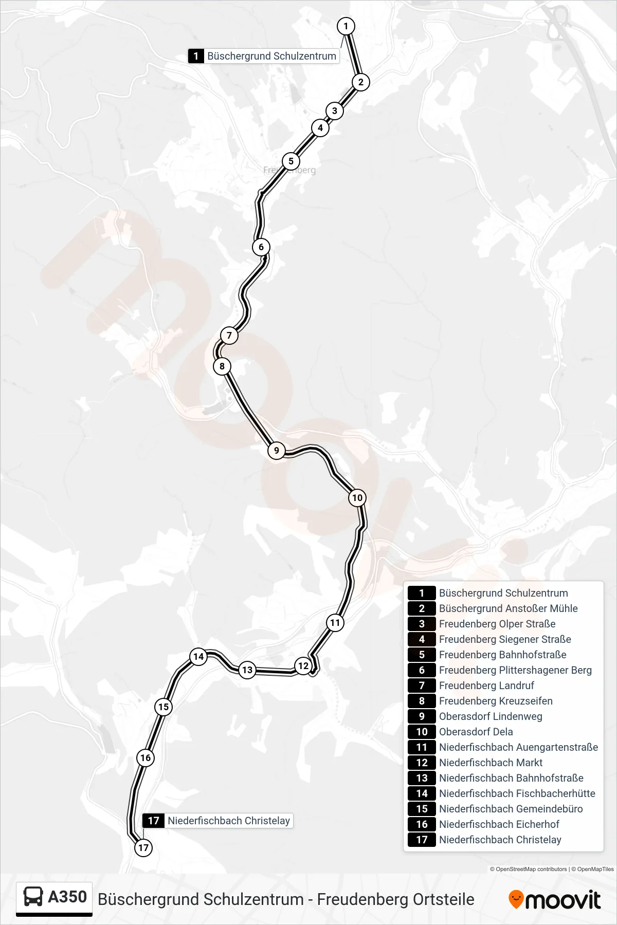 A350 bus Line (Niederfischbach Christelay) route and stops on a map
