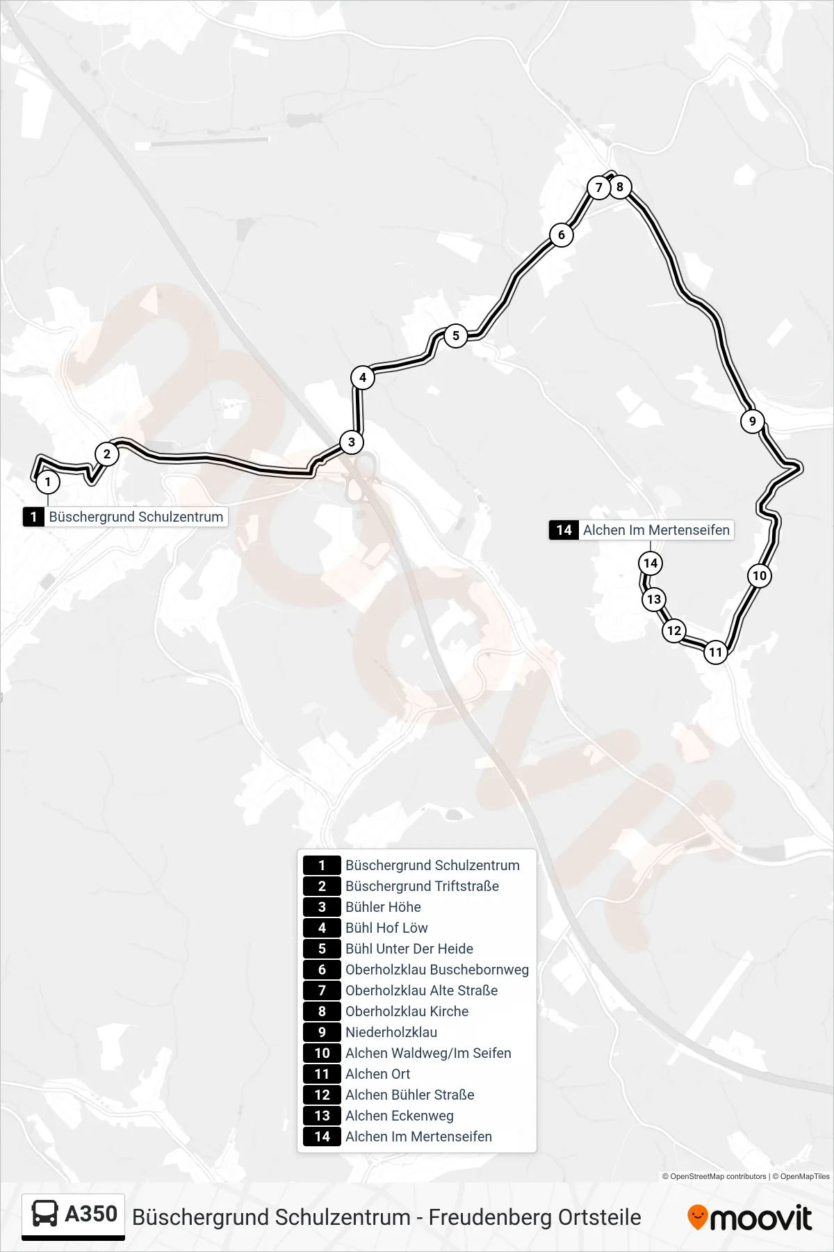 A350 bus Line (Alchen Im Mertenseifen) route and stops on a map