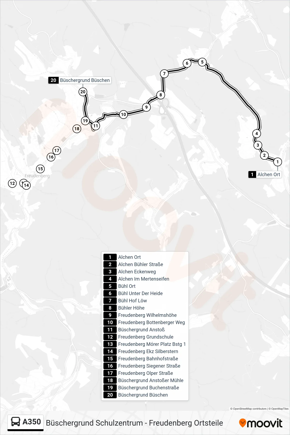 A350 bus Line (Büschergrund Büschen) route and stops on a map