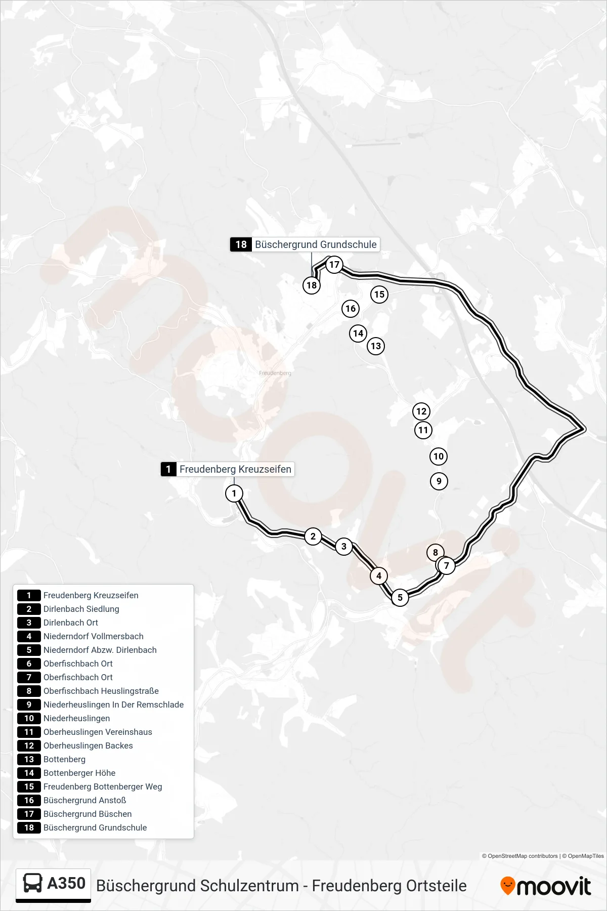 A350 bus Line (Büschergrund Grundschule) route and stops on a map