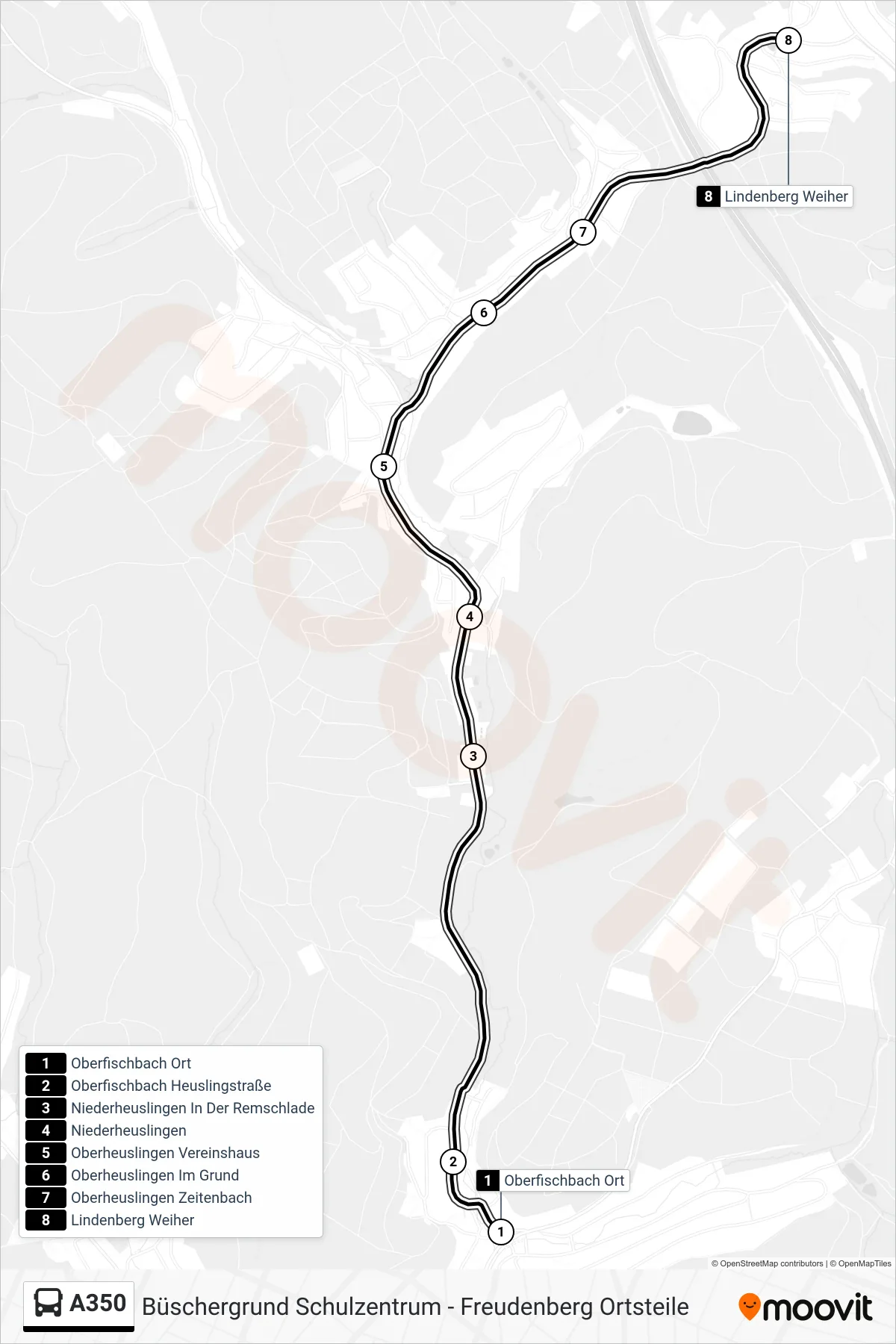 A350 bus Line (Lindenberg Weiher) route and stops on a map