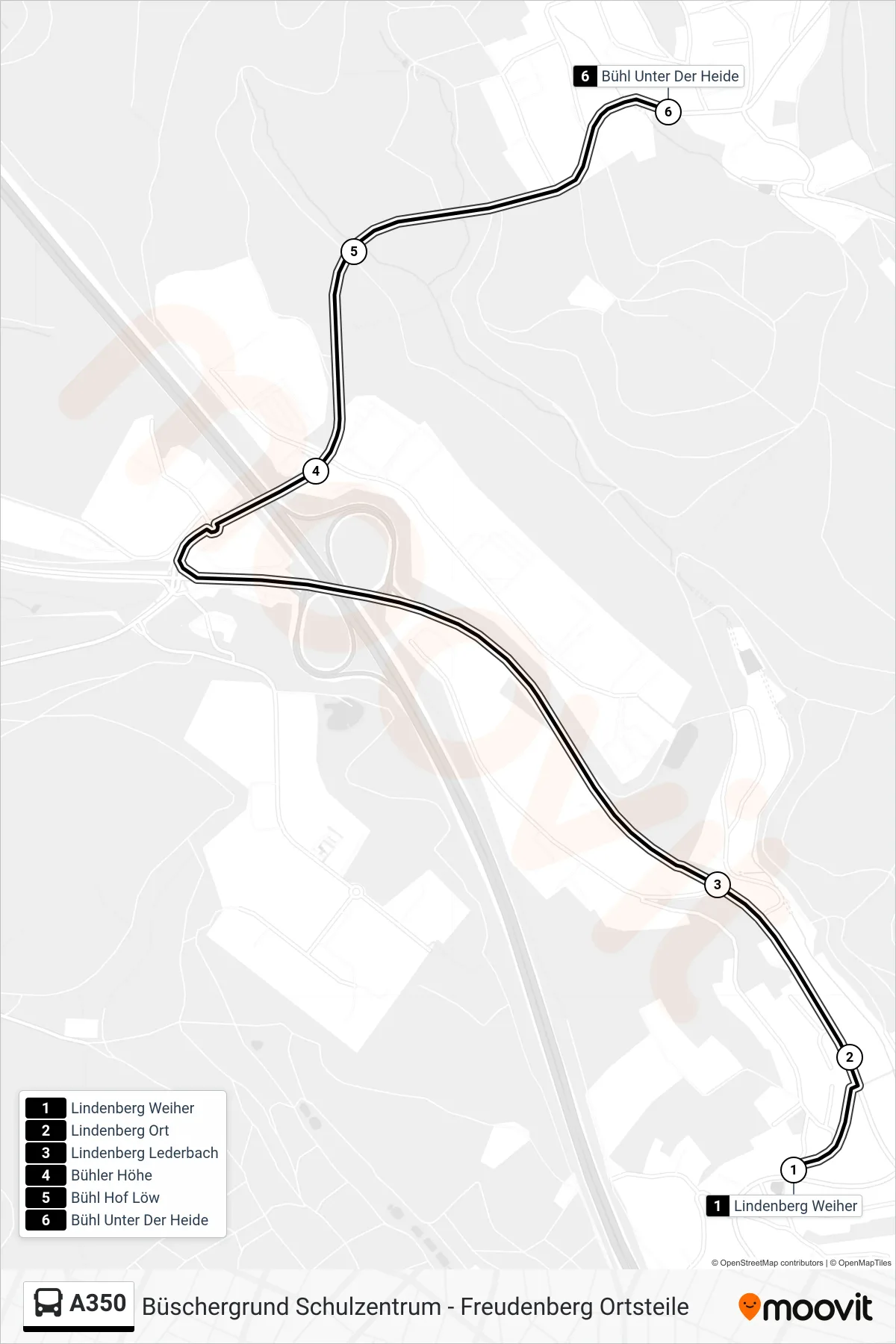 A350 bus Line (Bühl Unter Der Heide) route and stops on a map