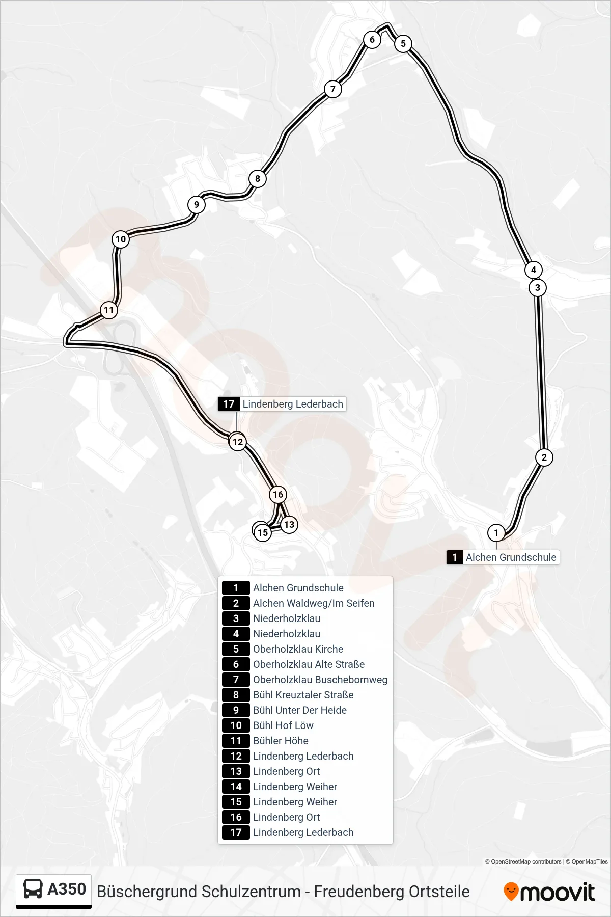 A350 bus Line (Lindenberg Lederbach) route and stops on a map