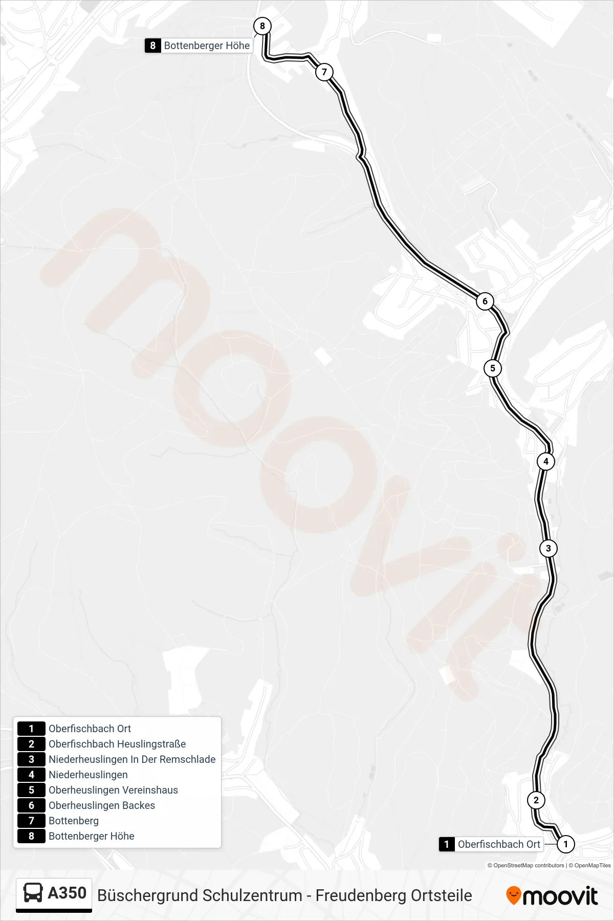 A350 bus Line (Bottenberger Höhe) route and stops on a map