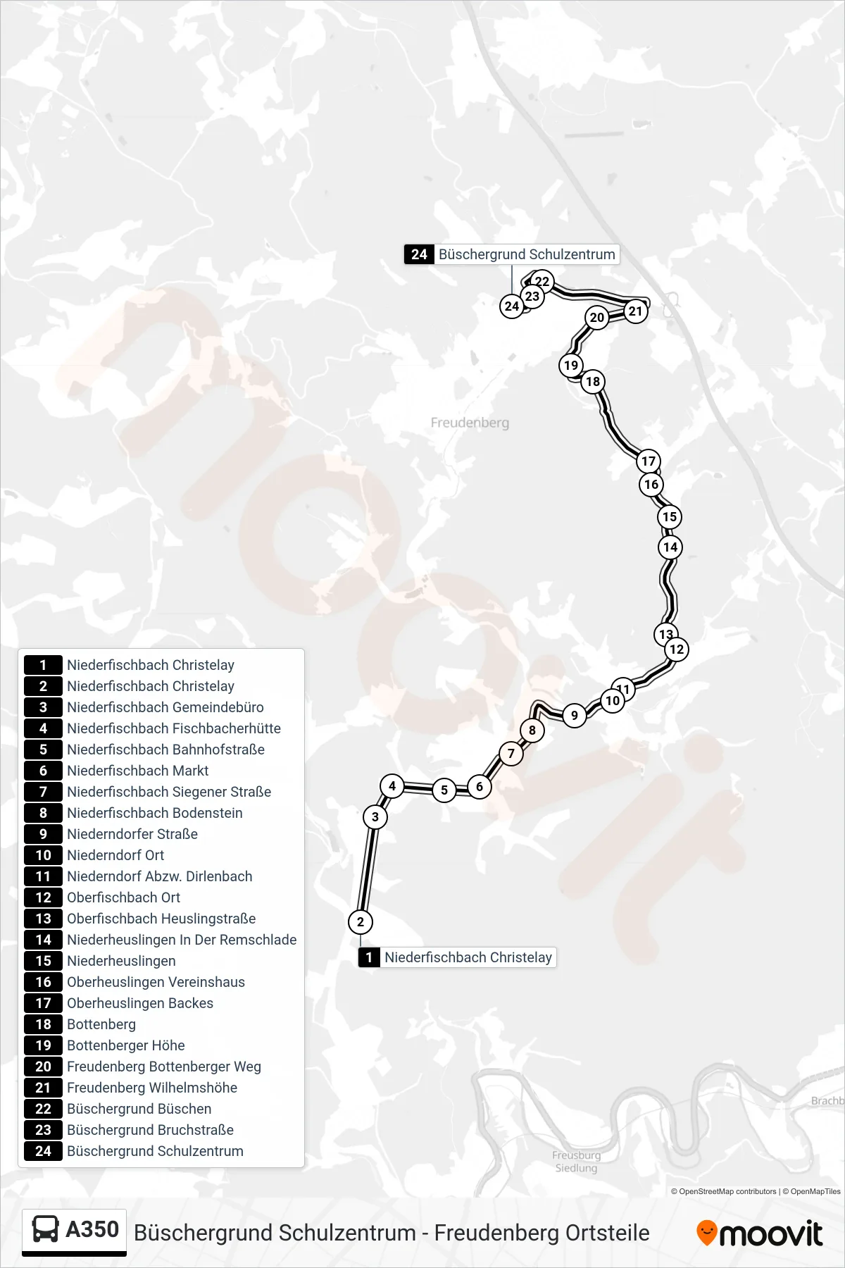 A350 bus Line (Büschergrund Schulzentrum) route and stops on a map