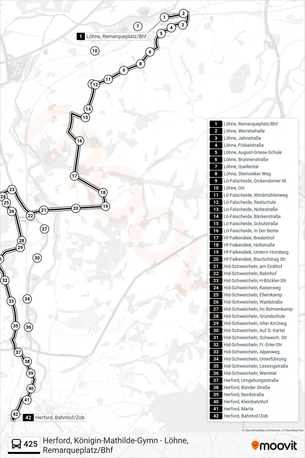 Linie 425 (Bus) Richtung Herford, Bahnhof/Zob B1: Route und Haltestellen auf der Karte