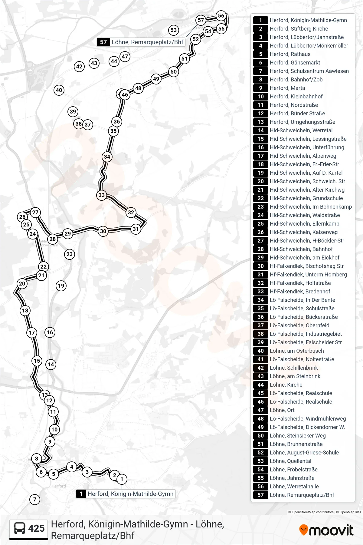425 bus Line (Löhne, Remarqueplatz/Bhf) route and stops on a map