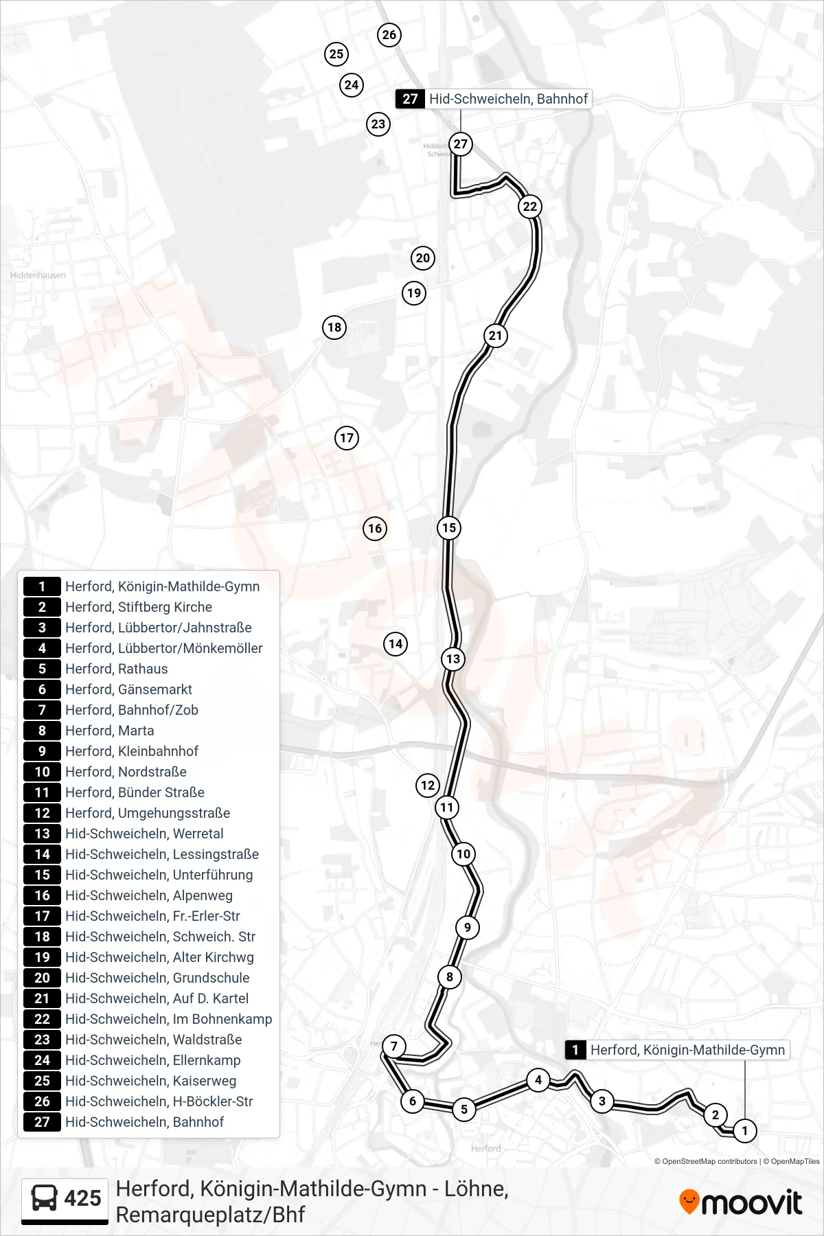 425 bus Line (Hid-Schweicheln, Bahnhof) route and stops on a map