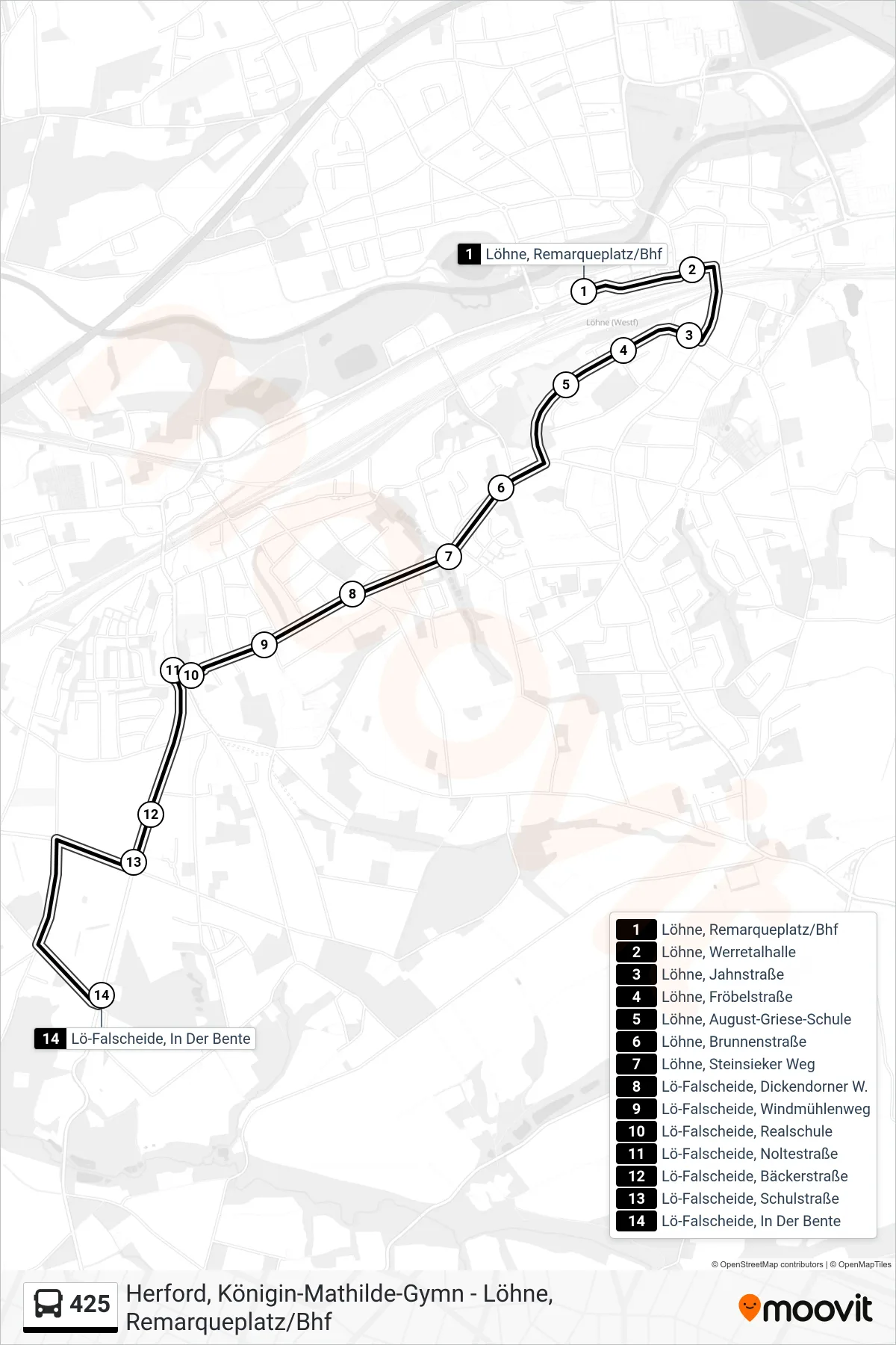 425 bus Line (Lö-Falscheide, In Der Bente) route and stops on a map