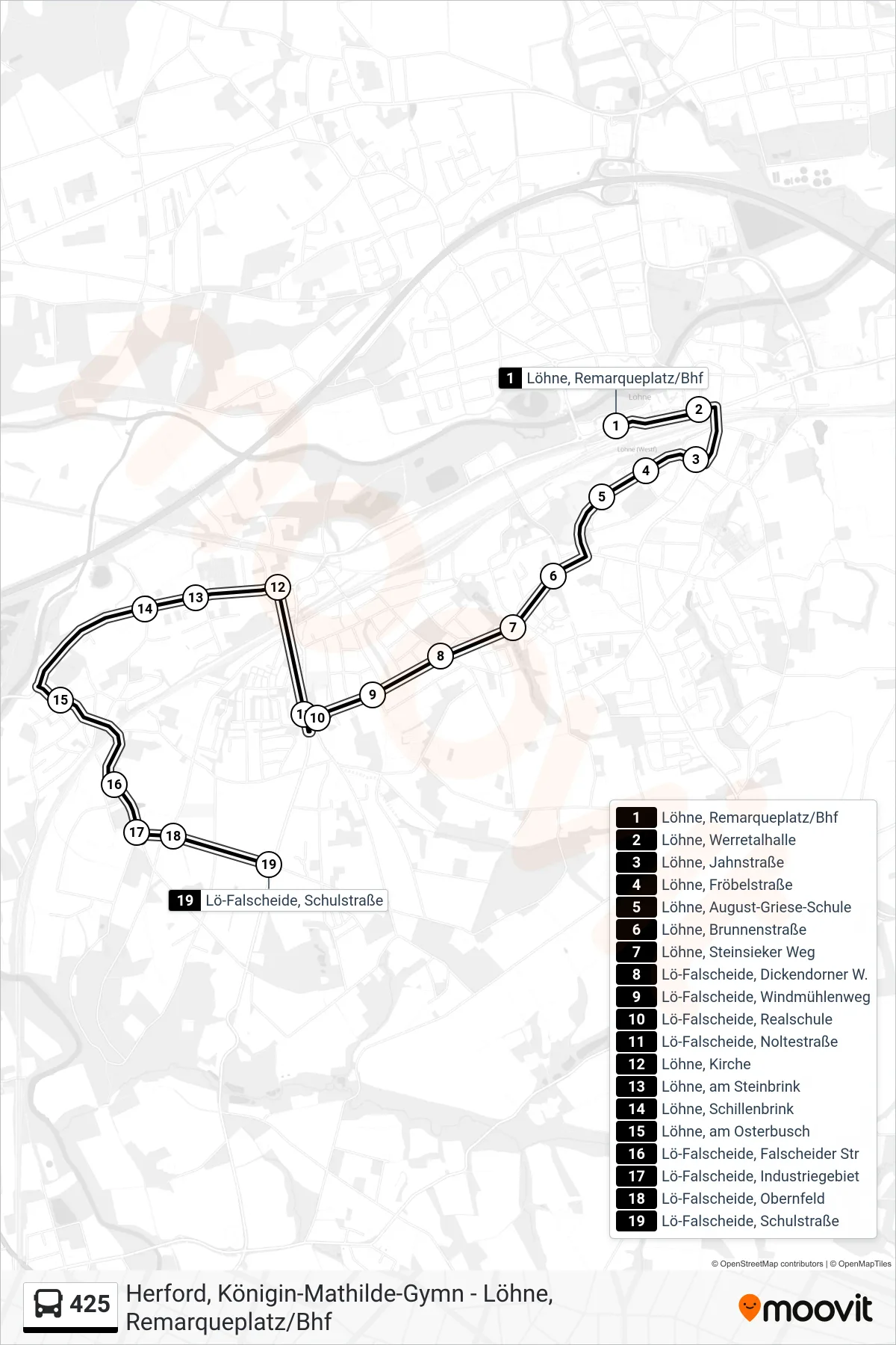 425 bus Line (Lö-Falscheide, Schulstraße) route and stops on a map