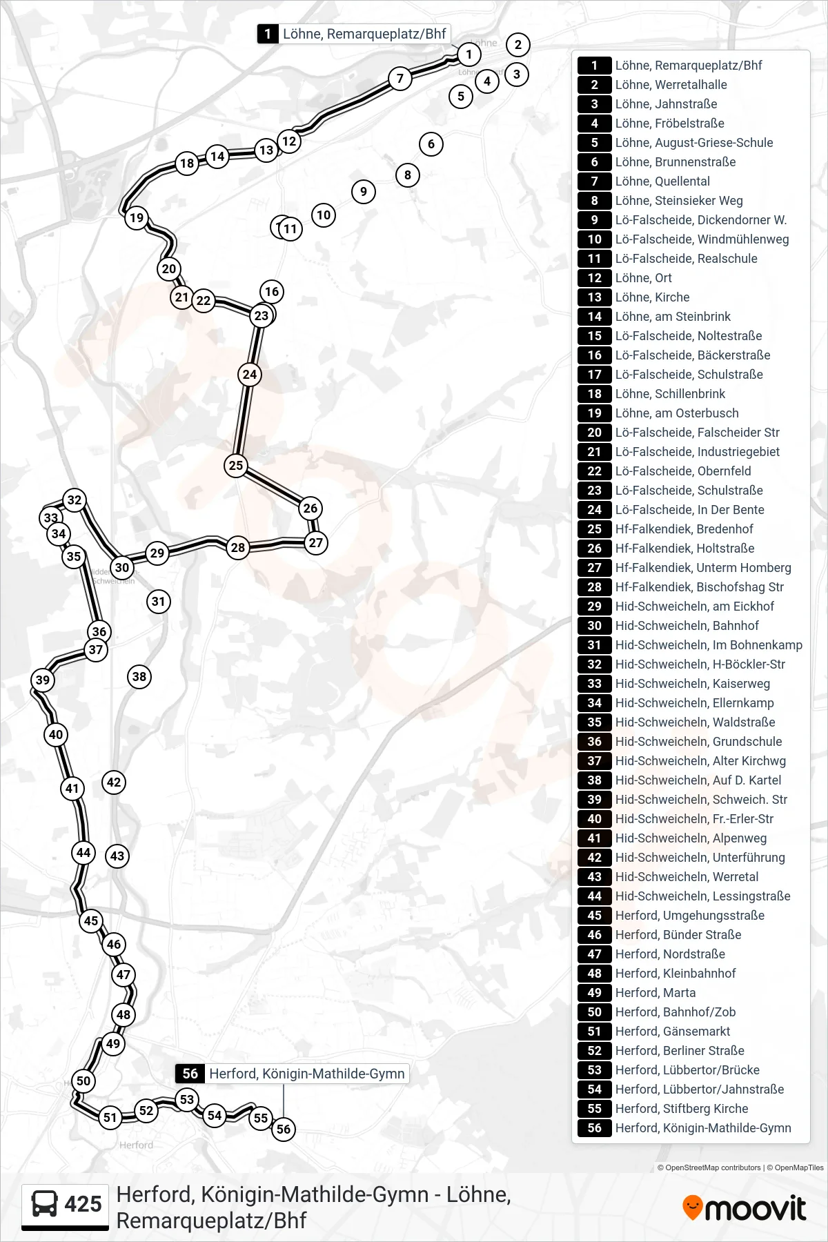 425 bus Line (Herford, Königin-Mathilde-Gymn) route and stops on a map