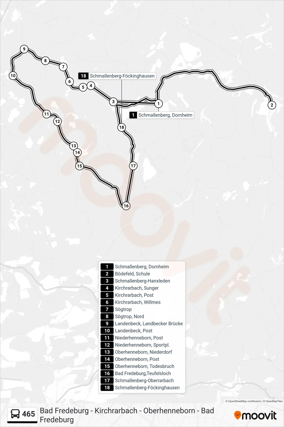 Linie 465 (Bus) Richtung Bödefeld: Route und Haltestellen auf der Karte