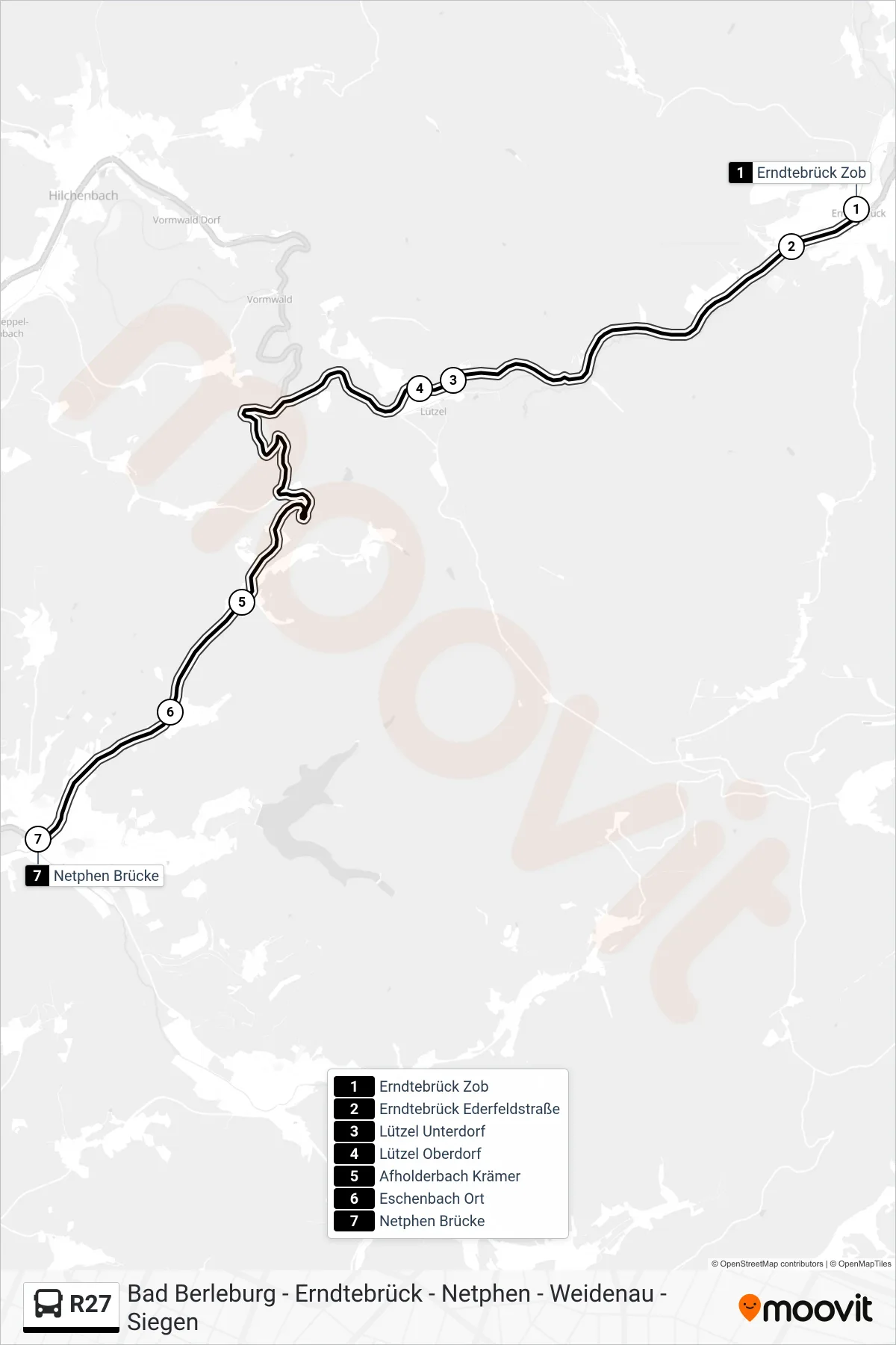 R27 bus Line (Netphen Brücke) route and stops on a map