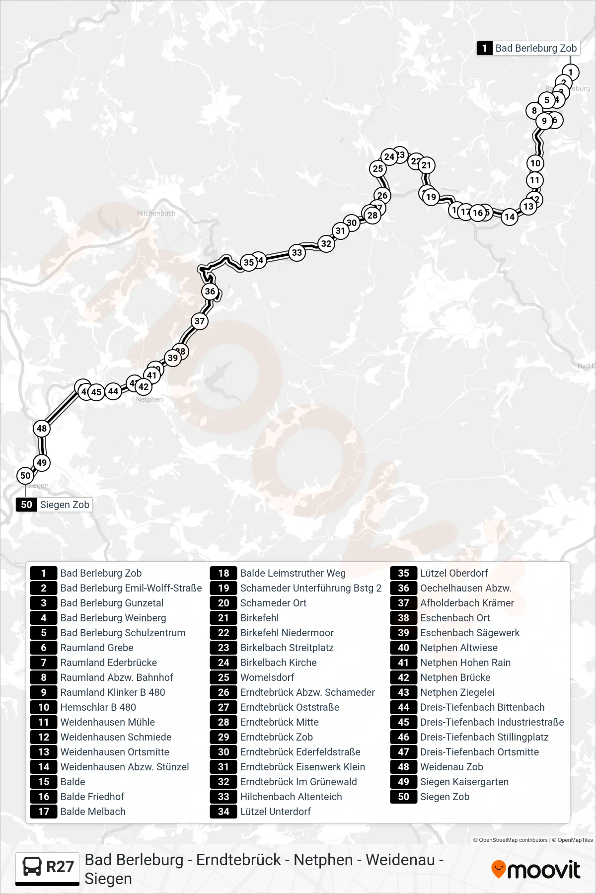 R27 bus Line (Siegen Zob Bstg A) route and stops on a map