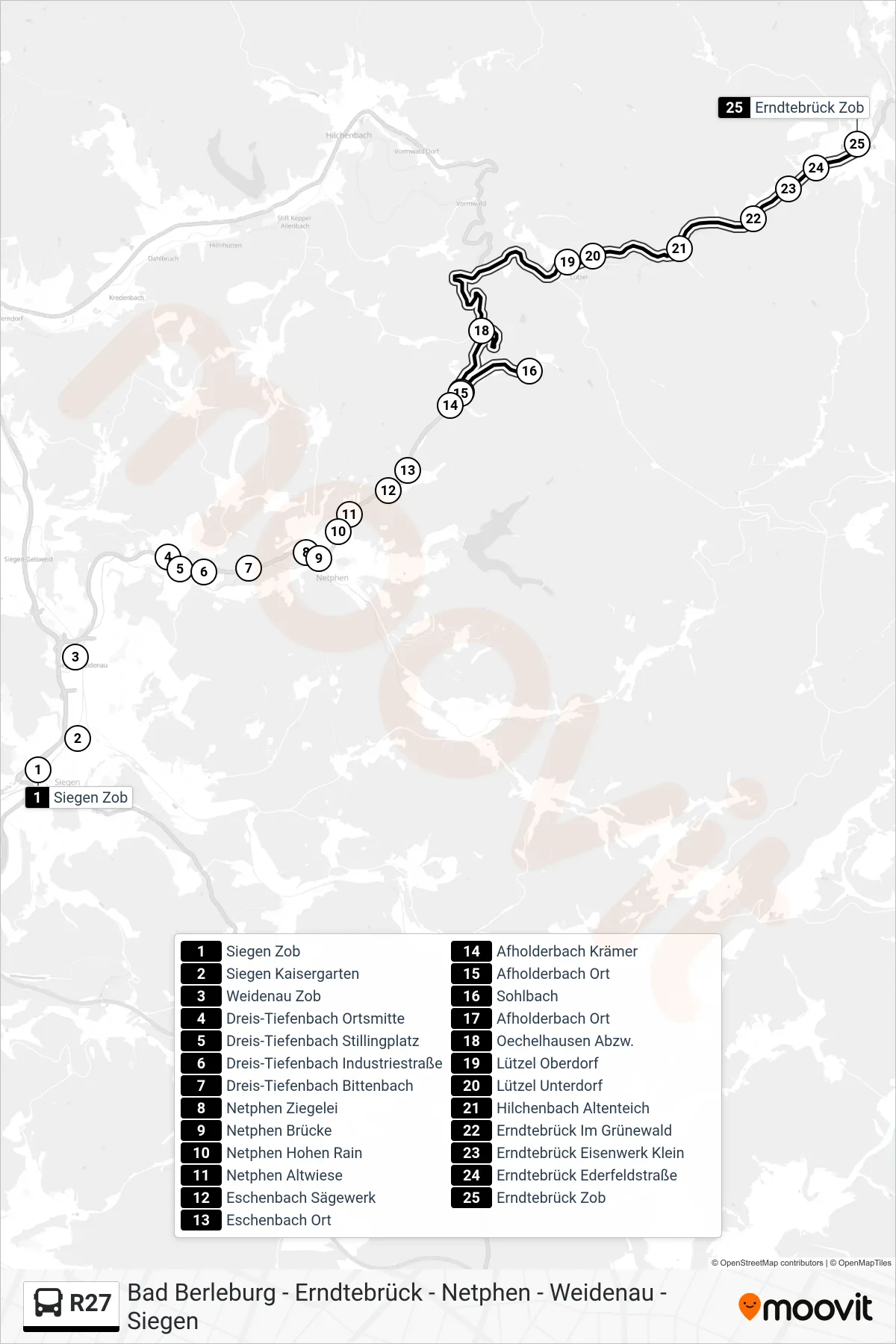 R27 bus Line (Erndtebrück Zob) route and stops on a map