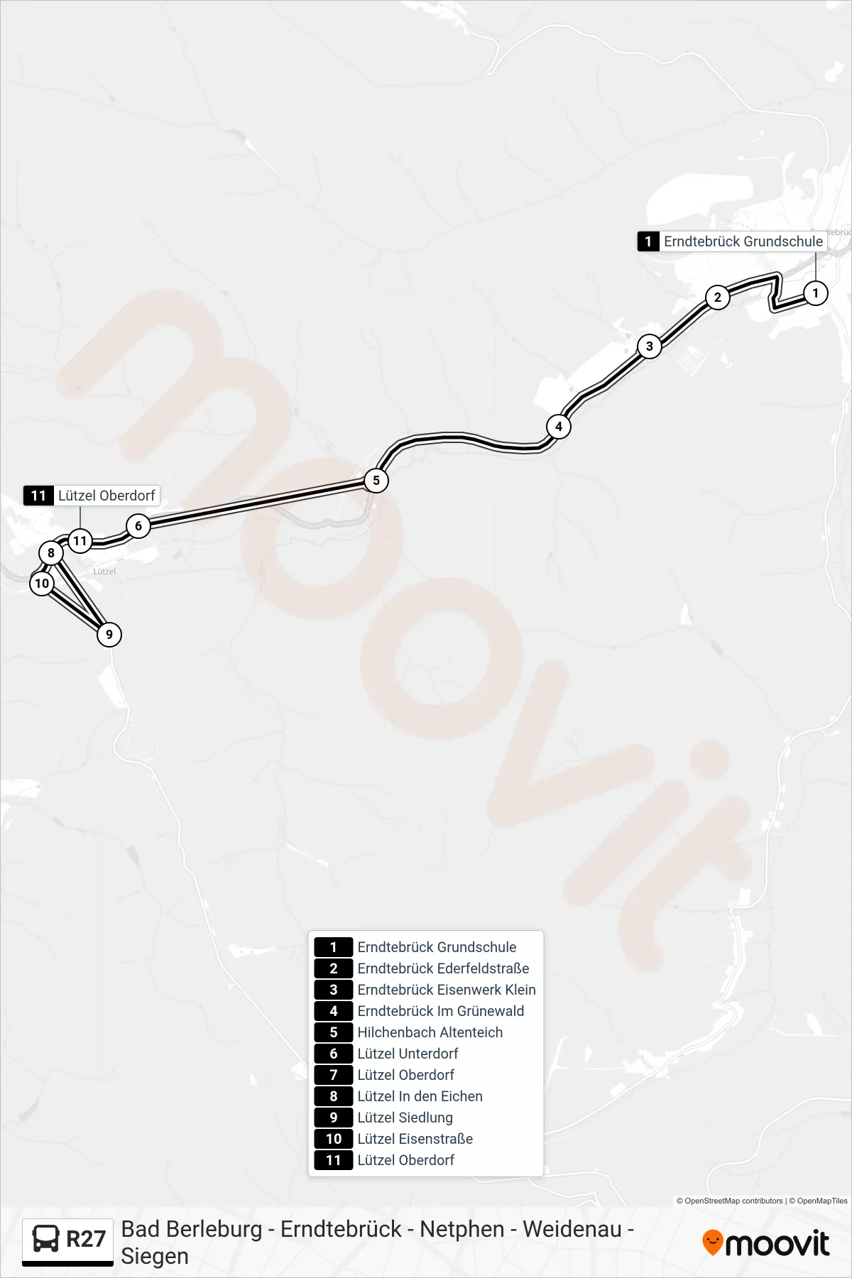 R27 bus Line (Lützel Oberdorf) route and stops on a map