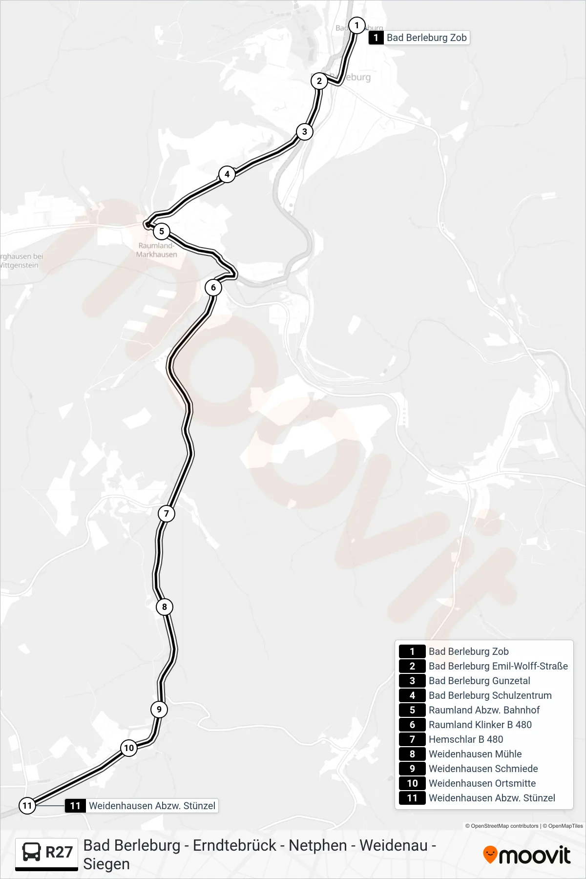 R27 bus Line (Weidenhausen Abzw. Stünzel) route and stops on a map