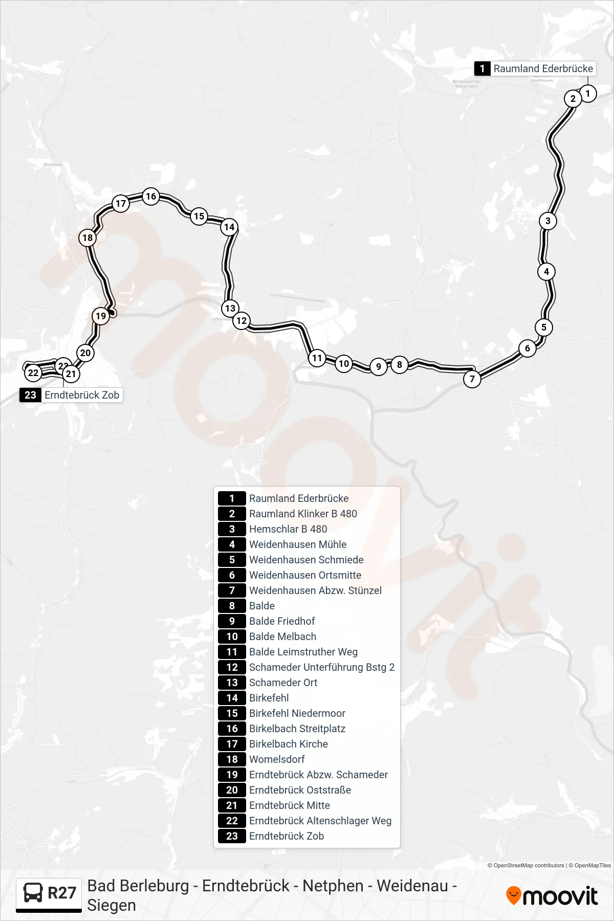 R27 bus Line (Erndtebrück Zob) route and stops on a map
