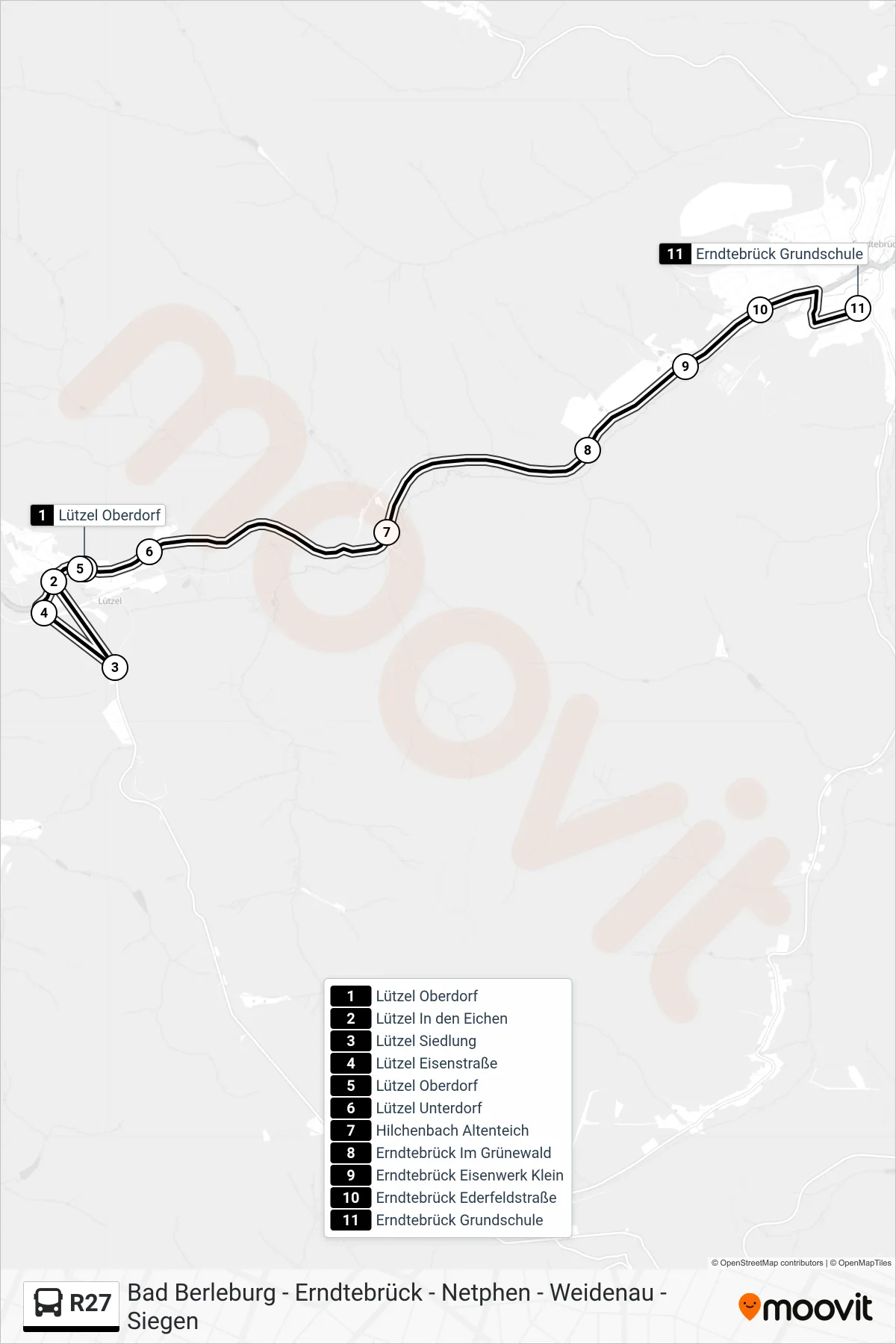 R27 bus Line (Erndtebrück Grundschule) route and stops on a map