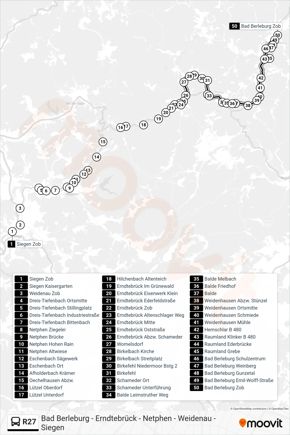 R27 bus Line (Bad Berleburg Zob Bstg 3) route and stops on a map
