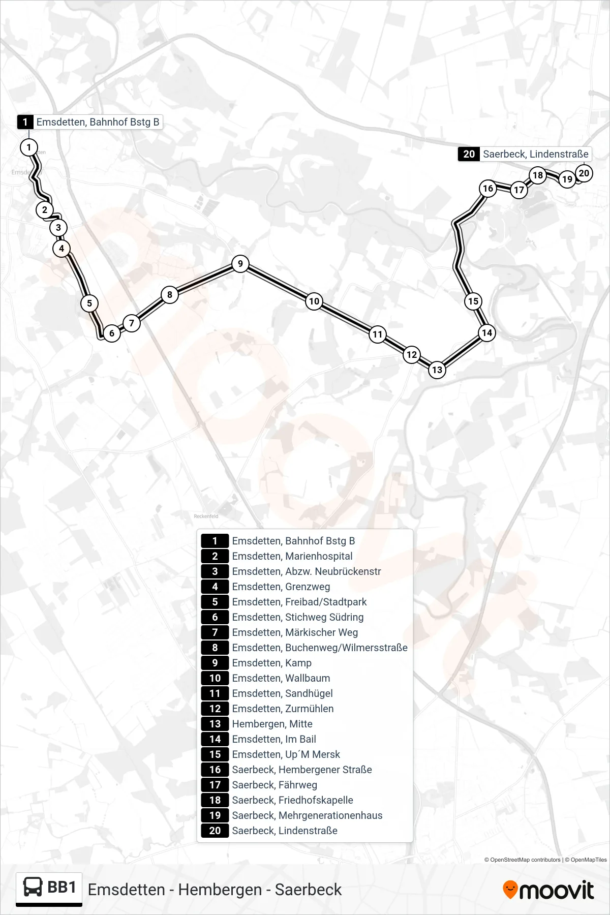 Linie BB1 (Bus) Richtung Saerbeck, Lindenstraße Bstg A: Route und Haltestellen auf der Karte