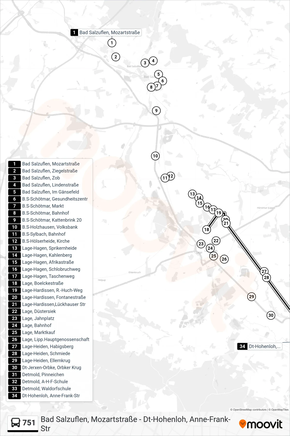 751 bus Line (Dt-Hohenloh, Anne-Frank-Str) route and stops on a map