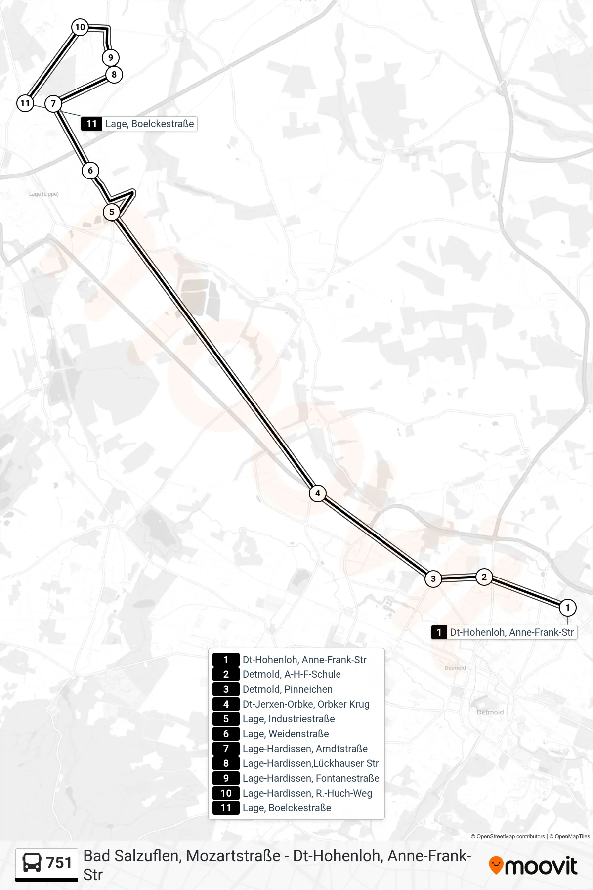 Linie 751 (Bus) Richtung Lage, Boelckestraße: Route und Haltestellen auf der Karte