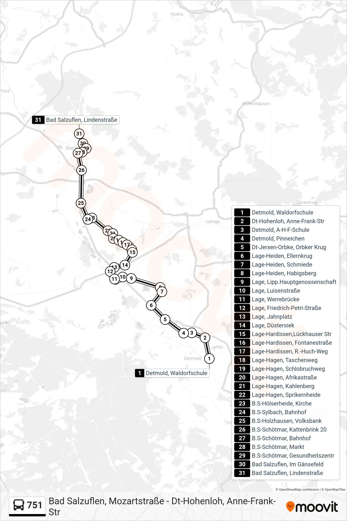 751 bus Line (Bad Salzuflen, Lindenstraße) route and stops on a map